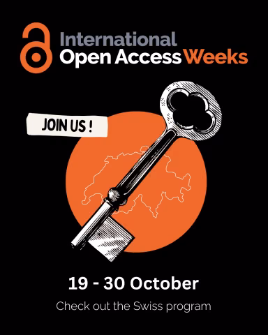 The logo of the Open Access Week, with an image of a key in front of an orange circle with the outline of switzerland in white color